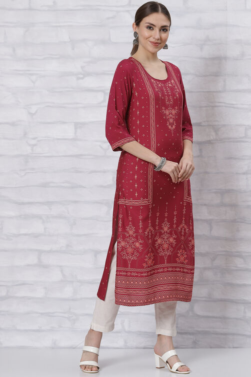 Maroon LIVA Straight Kurta image number 0